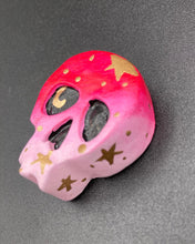 Load image into Gallery viewer, Cute and spooky magnet design to adorn your refrigerator, lockers, workstation, toolbox, or dishwasher. This statuette is exquisitely detailed and full of vivid colors, inspired by natural elements. The ombre effect from red to light pink replicates the hues of a summer sky at sundown, with added metallic gold moon and star silhouettes to complete the look. H 1 1/2” x W 1 1/2” x D 3/4”