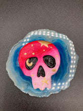 Load image into Gallery viewer, Cute and spooky magnet design to adorn your refrigerator, lockers, workstation, toolbox, or dishwasher. This statuette is exquisitely detailed and full of vivid colors, inspired by natural elements. The ombre effect from red to light pink replicates the hues of a summer sky at sundown, with added metallic gold moon and star silhouettes to complete the look. H 1 1/2” x W 1 1/2” x D 3/4”