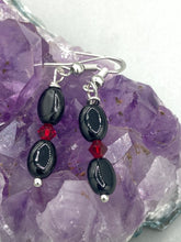 Load image into Gallery viewer, These delicate earrings feature beading of both black and dark red glass, perfectly harmonizing to make them a versatile accessory fit for a variety of looks, such as good witch, goth, and chic.  Measurements: 1 1/4” in length
