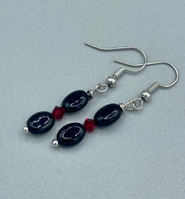 Load image into Gallery viewer, These delicate earrings feature beading of both black and dark red glass, perfectly harmonizing to make them a versatile accessory fit for a variety of looks, such as good witch, goth, and chic.  Measurements: 1 1/4” in length