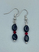 Load image into Gallery viewer, These delicate earrings feature beading of both black and dark red glass, perfectly harmonizing to make them a versatile accessory fit for a variety of looks, such as good witch, goth, and chic.  Measurements: 1 1/4” in length