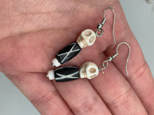 Load image into Gallery viewer, Natural Bamboo Chips And Black Obsidian Stone Beads, Hand Beaded Skull Necklace, Skully Witchy Vibe, Goth Dark Souls Jewelry, Day Of The Dead, Calavera Dia De Los Muertos