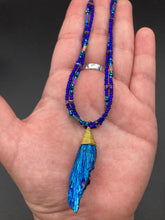 Load image into Gallery viewer, This bold Deep Royal Blue Kyanite Stone Wired Choker Style necklace features two strands of multi-colored glass beads. Perfect for nature-inspired, witch-celestial, Boho Shabby Chic and self-love styles, this accessory is the perfect addition to your wardrobe. Dress it up or down; this dynamic piece of jewelry is a must-have.  Measurements:    Necklace is 15” in length, adjustable to 18"