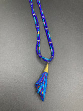 Load image into Gallery viewer, This bold Deep Royal Blue Kyanite Stone Wired Choker Style necklace features two strands of multi-colored glass beads. Perfect for nature-inspired, witch-celestial, Boho Shabby Chic and self-love styles, this accessory is the perfect addition to your wardrobe. Dress it up or down; this dynamic piece of jewelry is a must-have.  Measurements:    Necklace is 15” in length, adjustable to 18"