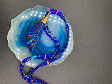 Load image into Gallery viewer, This bold Deep Royal Blue Kyanite Stone Wired Choker Style necklace features two strands of multi-colored glass beads. Perfect for nature-inspired, witch-celestial, Boho Shabby Chic and self-love styles, this accessory is the perfect addition to your wardrobe. Dress it up or down; this dynamic piece of jewelry is a must-have.  Measurements:    Necklace is 15” in length, adjustable to 18"