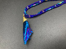 Load image into Gallery viewer, This bold Deep Royal Blue Kyanite Stone Wired Choker Style necklace features two strands of multi-colored glass beads. Perfect for nature-inspired, witch-celestial, Boho Shabby Chic and self-love styles, this accessory is the perfect addition to your wardrobe. Dress it up or down; this dynamic piece of jewelry is a must-have.  Measurements:    Necklace is 15” in length, adjustable to 18"