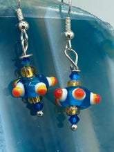 Load image into Gallery viewer, Vibrant color bumpy round lampworked glass bead set of earrings. Colorful teal, white, yellow, and bright orange festive piñata shaped bead.  This also reminds me of the shape of a virus. Either way, this is a super fun, unique, bold piece of jewelry, it's sure to make a statement piece.  Measurements: 1” in length