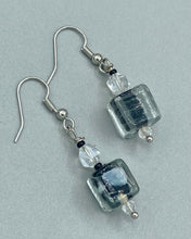 Load image into Gallery viewer, This striking set of earrings features large square-shaped clear glass beads adorned with black-and-white designs. Neutral-hued stone beads lend a cool feel, making them both unique and versatile. Measurements: 1 1/4” in length