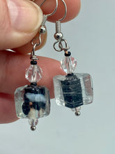 Load image into Gallery viewer, This striking set of earrings features large square-shaped clear glass beads adorned with black-and-white designs. Neutral-hued stone beads lend a cool feel, making them both unique and versatile. Measurements: 1 1/4” in length