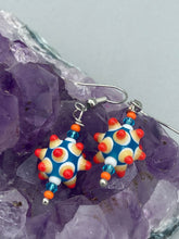 Load image into Gallery viewer, Vibrant color bumpy round lampworked glass bead set of earrings. Colorful teal, white, yellow, and bright orange festive piñata shaped bead.  This also reminds me of the shape of a virus. Either way, this is a super fun, unique, bold piece of jewelry, it's sure to make a statement piece.  Measurements: 1 1/4” in length