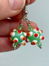 Load image into Gallery viewer, Vibrant color bumpy round lampworked glass bead set of earrings. Colorful light green, white, yellow, and bright red festive piñata shaped bead.  This also reminds me of the shape of a virus. Either way, this is a super fun, unique, bold piece of jewelry, it's sure to make a statement piece.  Measurements: 1 1/4” in length