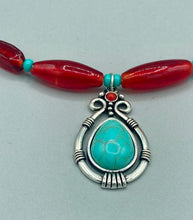 Load image into Gallery viewer, Southwest Style Inspired Adjustable Choker Beaded Necklace, Turquoise And Red Glass Beads, Teardrop Silver Plated Pendant
