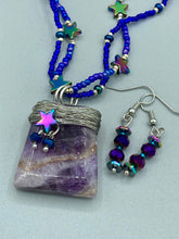Load image into Gallery viewer, Amethyst Wired Stone Pendant, Rainbow Hematite Beads, Galaxy Cosmos Celestial Stars, Hippie Style, Boho Shabby Chic