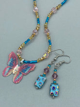 Load image into Gallery viewer, Pink Sterling Silver Butterly Pendant Glass Beaded Necklace, Hippie Nature Lovers Dainty Jewelry, Whimsical Fairy Princess, Mariposa