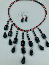 Load image into Gallery viewer, Vampire Goth Black and Red Choker Style Necklace, Cocktail Chic Necklace, Victorian Style Draped Necklace