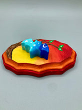 Load image into Gallery viewer, Starry Night Mini Bat Wall Art Decor. A perfect hanging art piece to add a pop of color to your wall, next to your display of crystals or witchy altar. Bat figurine is made of polymer clay, painted ombre colors from light to dark with white stars and crescent moon flying over the sun rise sky. Orange and red wood frame matches the light yellow, orange and red sky. Art come ready to hang with a sawtooth hangers on back. Measurements: H 3" x W 5” x D 1 1/2"