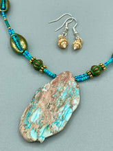 Load image into Gallery viewer, Large Stone Chip In Turquoise Color With Bronze Patina Cowry Beads, Beach And Sea Inspired Cowrie Shell