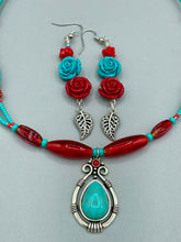 Load image into Gallery viewer, Southwest Style Inspired Adjustable Choker Beaded Necklace, Turquoise And Red Glass Beads, Teardrop Silver Plated Pendant