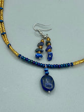 Load image into Gallery viewer, Necklace and single strand lapis earrings set
