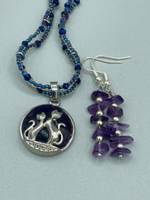 Load image into Gallery viewer, Amethyst cat pendant necklace and amethyst stone chip earrings