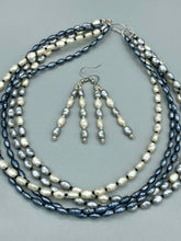 Load image into Gallery viewer, Five strand necklace and white and gray pearl earrings