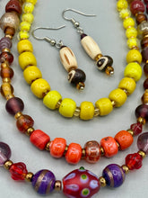 Load image into Gallery viewer, Large And Chunky Hand Beaded Necklace, Shabby Chic, Hippie, Bohemian, Fall Harvest Jewelry, Glow In The Dark Glass Beads