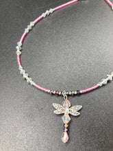Load image into Gallery viewer, This softy pink and purple choker style necklace with a silver dragonfly pendant is perfect for nature lovers. Glass beads make the necklace adjustable, and it comes with matching dragonfly earrings for a truly magical, fairy princess look. An ideal accessory for summer. Measurements: Necklace is 15 1/2” adjustable up to 18"