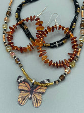 Load image into Gallery viewer, Butterfly necklace and amber stone chip earrings