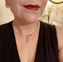 Load image into Gallery viewer, This softy pink and purple choker style necklace with a silver dragonfly pendant is perfect for nature lovers. Glass beads make the necklace adjustable, and it comes with matching dragonfly earrings for a truly magical, fairy princess look. An ideal accessory for summer. Measurements: Necklace is 15 1/2” adjustable up to 18"