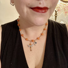 Load image into Gallery viewer, Orange Dragonfly Pendant Crescent Moon Charm Necklace With Matching Earrings, Princess Fairy Jewelry, Summer Hippie Nature Lovers, Witchy