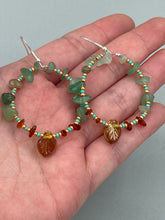 Load image into Gallery viewer, Aventurine And Amber Stone Chip Beaded Hoop Earrings, Hippie Vibe, Shabby Chic, Boho Chic, Nature Inspired, Bohemian