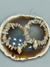 Load image into Gallery viewer, Natural white moon stone chip with white and gold glass beaded hoop earrings with super tiny natural conch shells. Nature lovers, beach vibes, summer earring will compliment any look. Measurements: 2" length