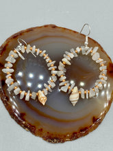 Load image into Gallery viewer, Natural white moon stone chip with white and gold glass beaded hoop earrings with super tiny natural conch shells. Nature lovers, beach vibes, summer earring will compliment any look. Measurements: 2" length