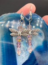 Load image into Gallery viewer, Soft pink iridescent glass beads with silver plated dragonfly wings fish hook style earrings 1 1/2"