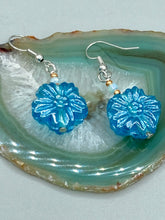 Load image into Gallery viewer, Light Blue Floral Pressed Glass Beaded Earrings, Hippie Vibe, Shabby Chic, Boho Chic, Nature Inspired, Bohemian