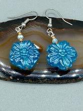Load image into Gallery viewer, Light Blue Floral Pressed Glass Beaded Earrings, Hippie Vibe, Shabby Chic, Boho Chic, Nature Inspired, Bohemian