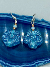 Load image into Gallery viewer, Light Blue Floral Pressed Glass Beaded Earrings, Hippie Vibe, Shabby Chic, Boho Chic, Nature Inspired, Bohemian