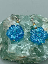 Load image into Gallery viewer, Light Blue Floral Pressed Glass Beaded Earrings, Hippie Vibe, Shabby Chic, Boho Chic, Nature Inspired, Bohemian