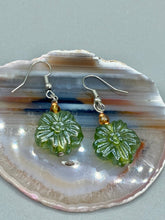 Load image into Gallery viewer, Light Green Floral Pressed Glass Beaded Earrings, Hippie Vibe, Shabby Chic, Boho Chic, Nature Inspired, Bohemian