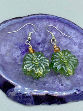 Load image into Gallery viewer, Light Green Floral Pressed Glass Beaded Earrings, Hippie Vibe, Shabby Chic, Boho Chic, Nature Inspired, Bohemian