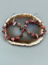 Load image into Gallery viewer, Rhodonite Stone Chip Beaded Hoop Earrings, Hippie Vibe, Shabby Chic, Boho Chic, Nature Inspired, Bohemian