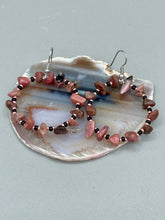 Load image into Gallery viewer, Rhodonite Stone Chip Beaded Hoop Earrings, Hippie Vibe, Shabby Chic, Boho Chic, Nature Inspired, Bohemian