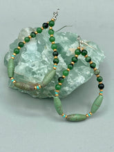 Load image into Gallery viewer, Fashionable forest green magnesite and ruby zoisite stone beaded fish hook earrings complete the hippie vibe, shabby chic, boho chic, and nature-inspired bohemian look. Measurements: 2 1/2" length