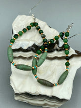 Load image into Gallery viewer, Fashionable forest green magnesite and ruby zoisite stone beaded fish hook earrings complete the hippie vibe, shabby chic, boho chic, and nature-inspired bohemian look. Measurements: 2 1/2" length