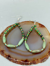 Load image into Gallery viewer, Fashionable forest green magnesite and ruby zoisite stone beaded fish hook earrings complete the hippie vibe, shabby chic, boho chic, and nature-inspired bohemian look. Measurements: 2 1/2" length