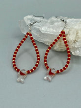 Load image into Gallery viewer, This pair of earrings contains intricately detailed koi-shaped glass beads, beaded along with dark red and gold glass beads. The koi fish beads feature fins and an eye, adding a visual element of realism to the piece. Perfect for creating a Hippie Vibe, Boho Chic, Nature Inspired, and Bohemian style. Measurements: 2” in length
