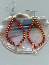 Load image into Gallery viewer, This pair of earrings contains intricately detailed koi-shaped glass beads, beaded along with dark red and gold glass beads. The koi fish beads feature fins and an eye, adding a visual element of realism to the piece. Perfect for creating a Hippie Vibe, Boho Chic, Nature Inspired, and Bohemian style. Measurements: 2” in length