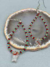 Load image into Gallery viewer, This piece of jewelry features Koi fish glass beads accented with teal, red, and gold glass beads. The fish have intricate details, including fins and eyes, creating a vibrant, colorful look. Measurements: 2 3/4” in length