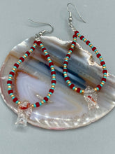 Load image into Gallery viewer, This piece of jewelry features Koi fish glass beads accented with teal, red, and gold glass beads. The fish have intricate details, including fins and eyes, creating a vibrant, colorful look. Measurements: 2 3/4” in length