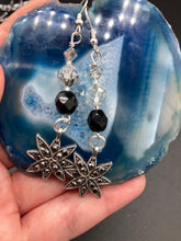 Load image into Gallery viewer, Starry night charms with black and iridescent glass beads fish hook style earrings 2"